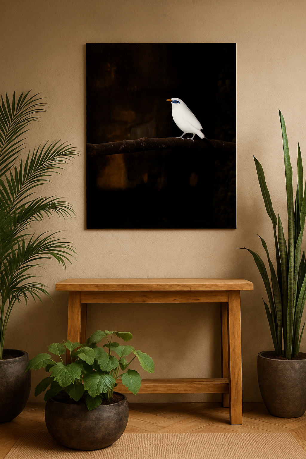 “Silent Spotlight” – White Bali Starling on Shadowed Perch