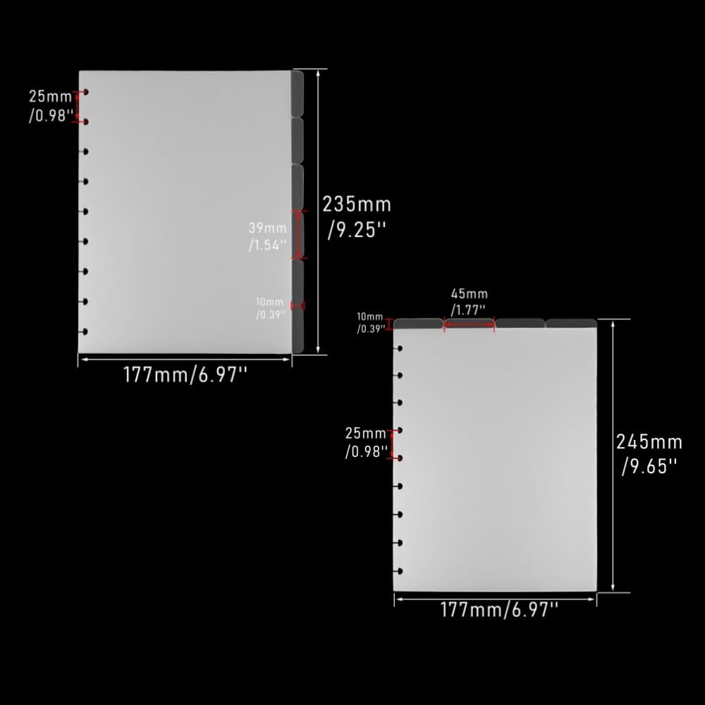 2 Set Discbound Divider 7x9.25'' Plastic 9 Disc Index Dividers Blank Side 6-Tab and Top 4-Tab Planner Inserts 10 Sheets Classic Size Frosted PP Discbound Notebook Dividers