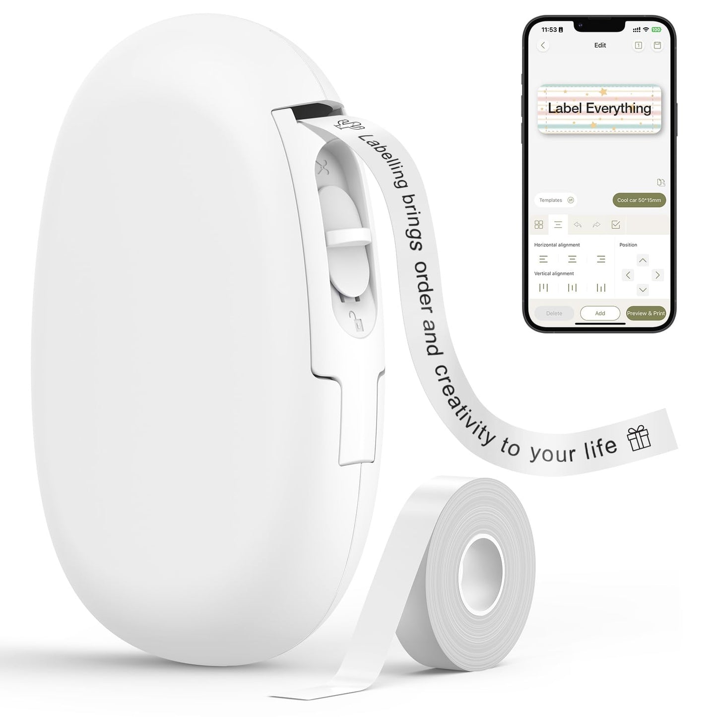 SUPVAN E10 Bluetooth Label Maker Machine with 3 Tapes, Continuous Waterproof Label, Versatile App with 35 Fonts and 1k+ Icons, Inkless Labeler for Home, Kitchen, School, Office Organization, Green