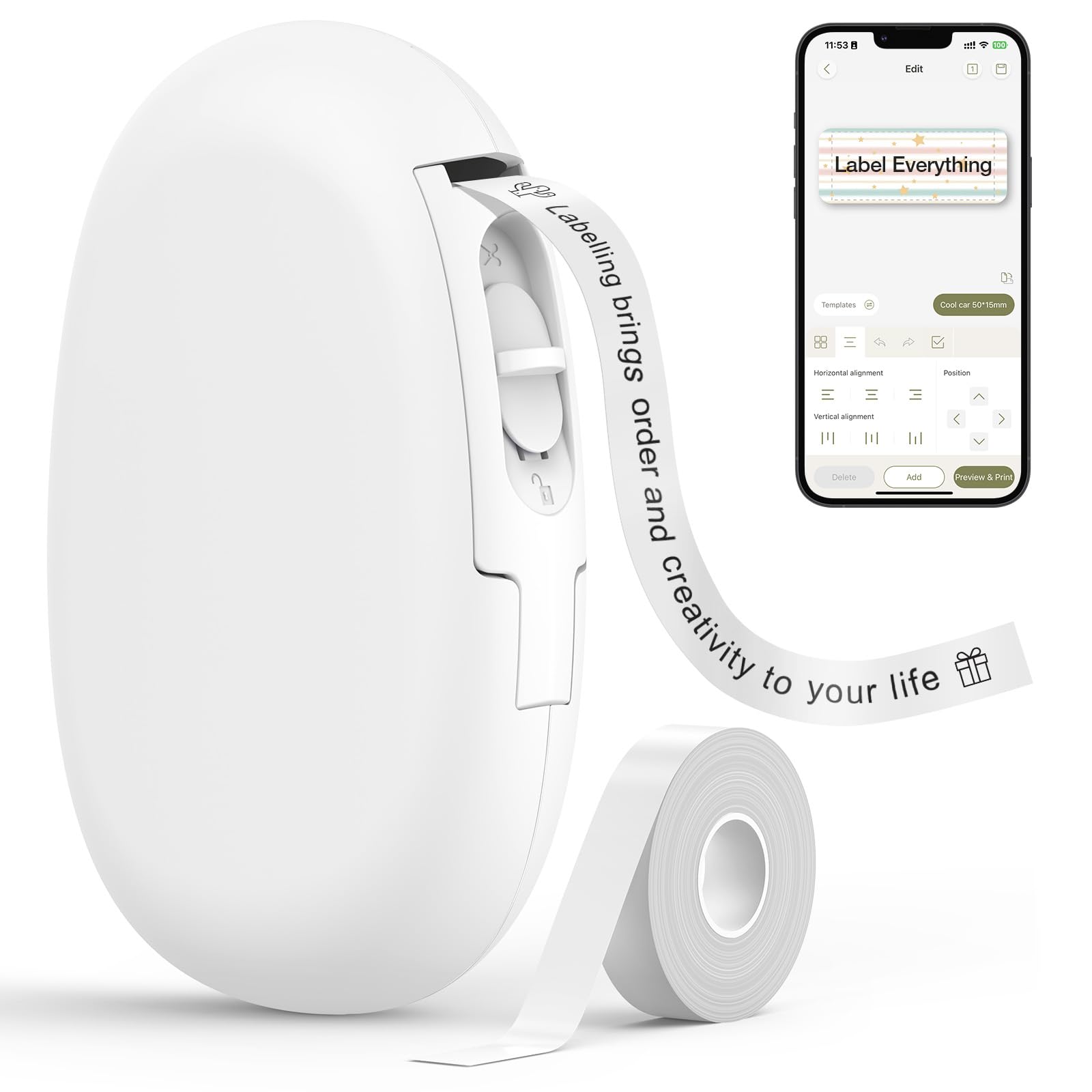 SUPVAN E10 Bluetooth Label Maker Machine with 3 Tapes, Continuous Waterproof Label, Versatile App with 35 Fonts and 1k+ Icons, Inkless Labeler for Home, Kitchen, School, Office Organization, Green
