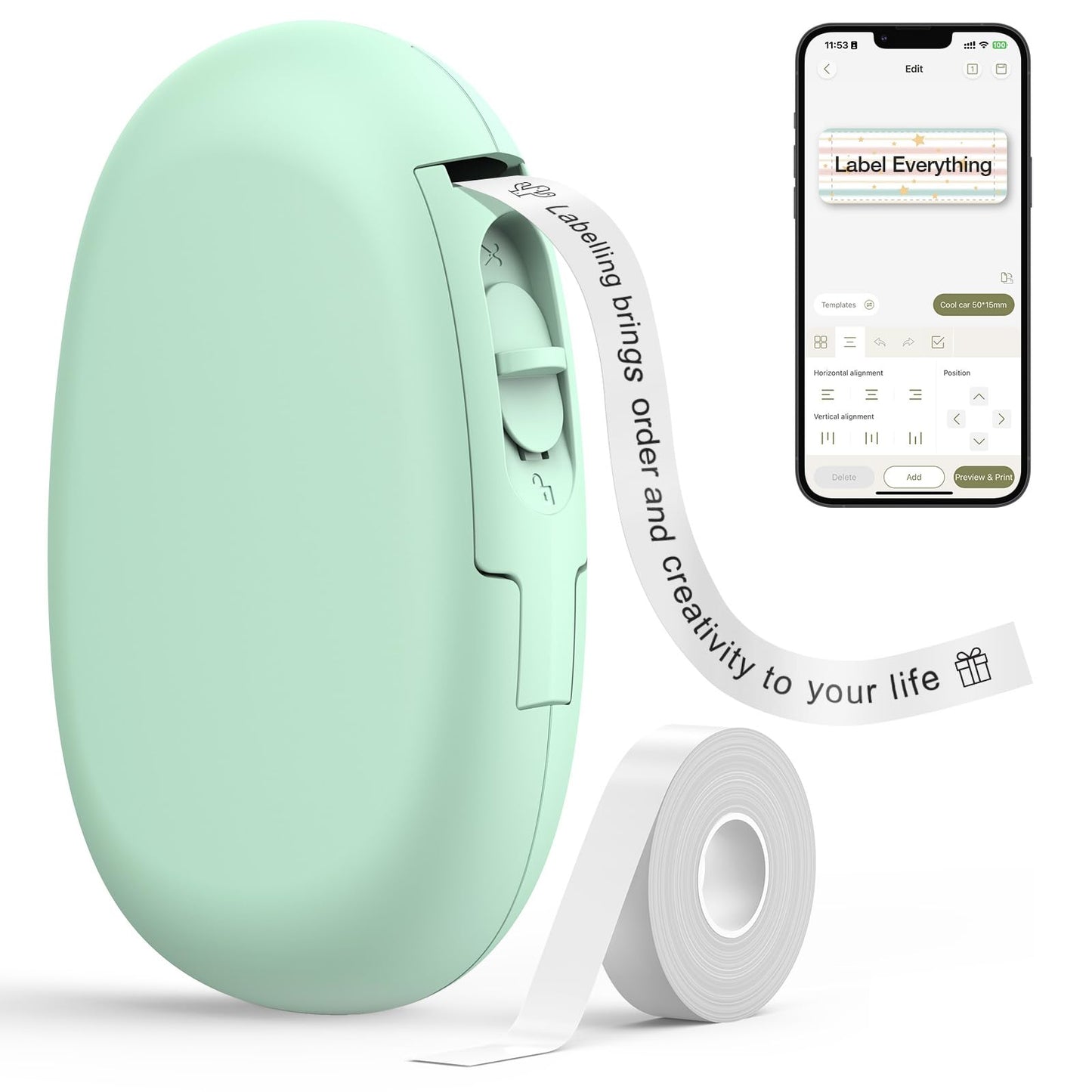 SUPVAN E10 Bluetooth Label Maker Machine with 3 Tapes, Continuous Waterproof Label, Versatile App with 35 Fonts and 1k+ Icons, Inkless Labeler for Home, Kitchen, School, Office Organization, Green