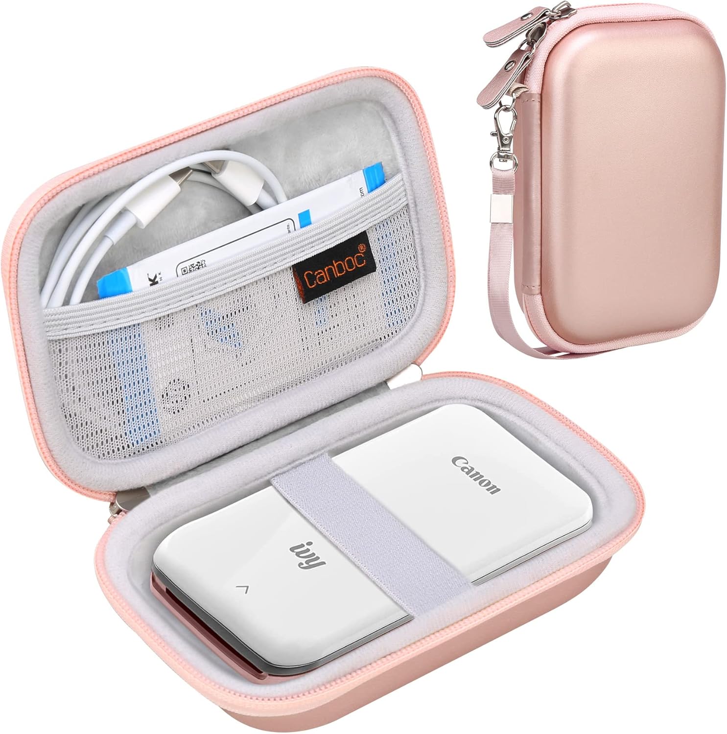 Canboc Hard Case for Canon Ivy 2/Canon Ivy/Canon Ivy CLIQ+2 CLIQ 2 CLIQ+ Mini Photo Printer Mobile Wireless Bluetooth Instant Camera Printer, Mesh Bag fit Photo Paper and Cable, Rose Gold