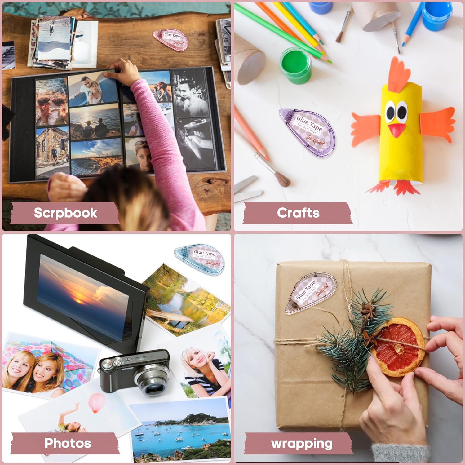 Scrapbook Tape, 4 Pack Double Sided Tape Roller for Crafts, Adhesive Glue Runner Scrapbooking Supplies Journaling School Office Teacher Supplies for Kids and Adults, 0.3IN x 26FT