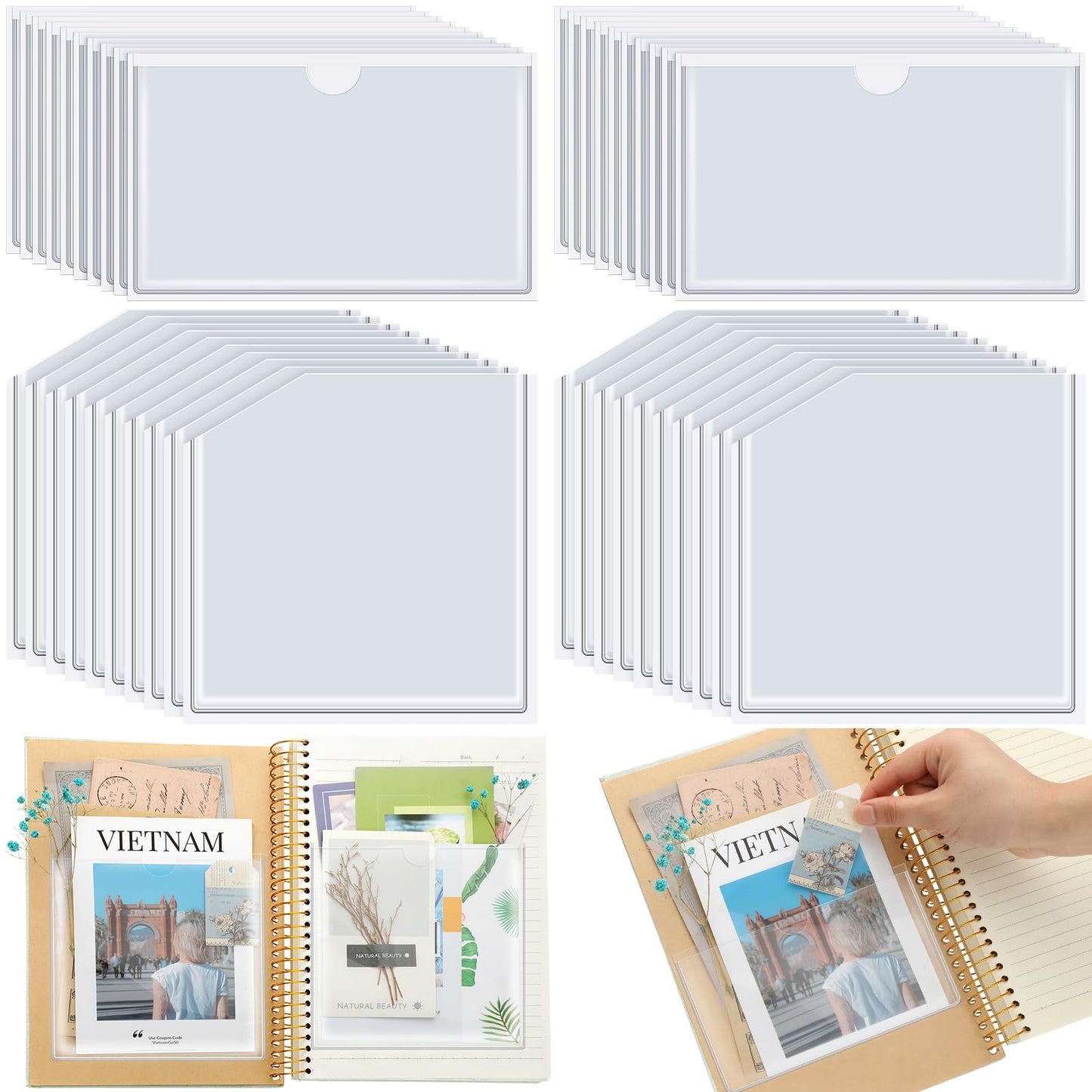 Junkin 20 Pcs Adhesive Pockets for Planners Index Card Pockets Planner Accessories Folder Self Sticky Clear Ideal Holder Top Open Add Storage Space to Notebooks Journal Office School Vinyl, 2 Styles