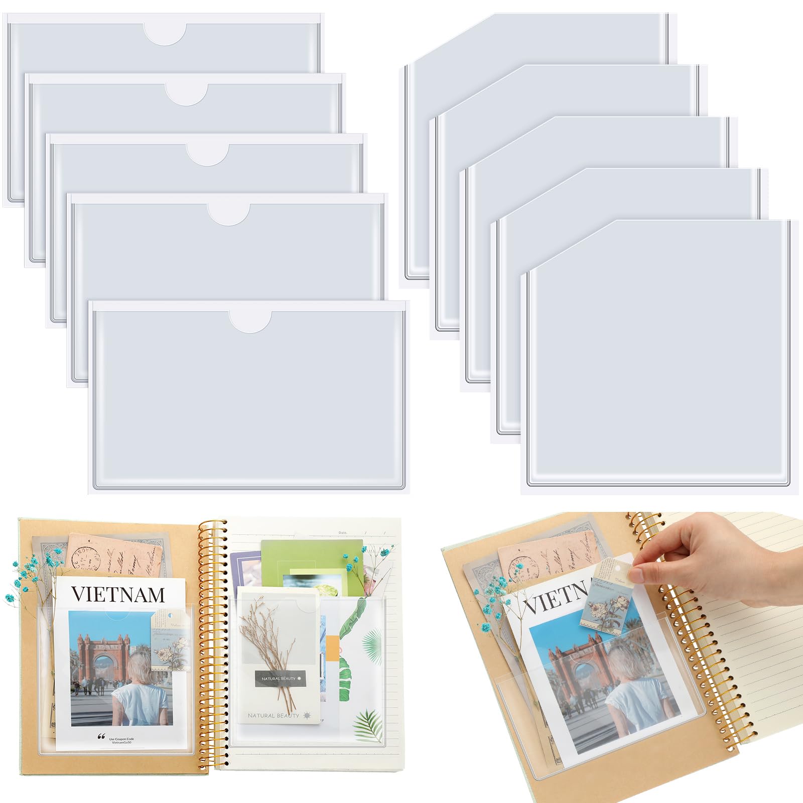 Junkin 20 Pcs Adhesive Pockets for Planners Index Card Pockets Planner Accessories Folder Self Sticky Clear Ideal Holder Top Open Add Storage Space to Notebooks Journal Office School Vinyl, 2 Styles