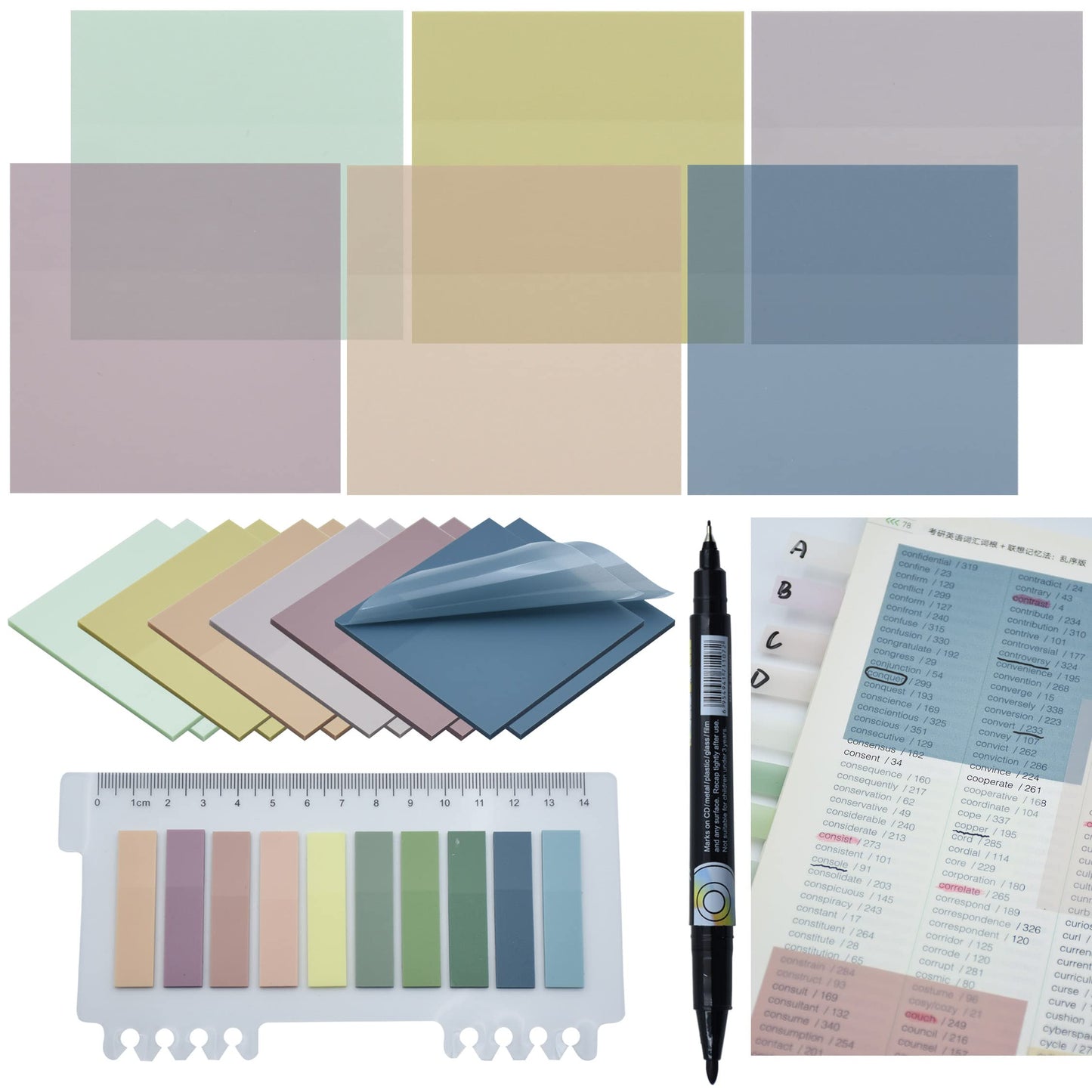 1600pcs Translucent Sticky Note Tabs, Morandi Page Markers for Annotating Books,Repositionable Book Flags Tabs Strip with Binders, Clear Sticky Notes,Page Tabs,Index Tabs