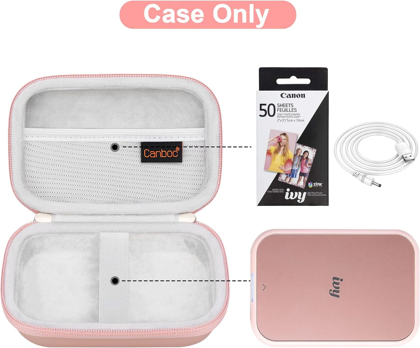 Canboc Hard Case for Canon Ivy 2/Canon Ivy/Canon Ivy CLIQ+2 CLIQ 2 CLIQ+ Mini Photo Printer Mobile Wireless Bluetooth Instant Camera Printer, Mesh Bag fit Photo Paper and Cable, Rose Gold