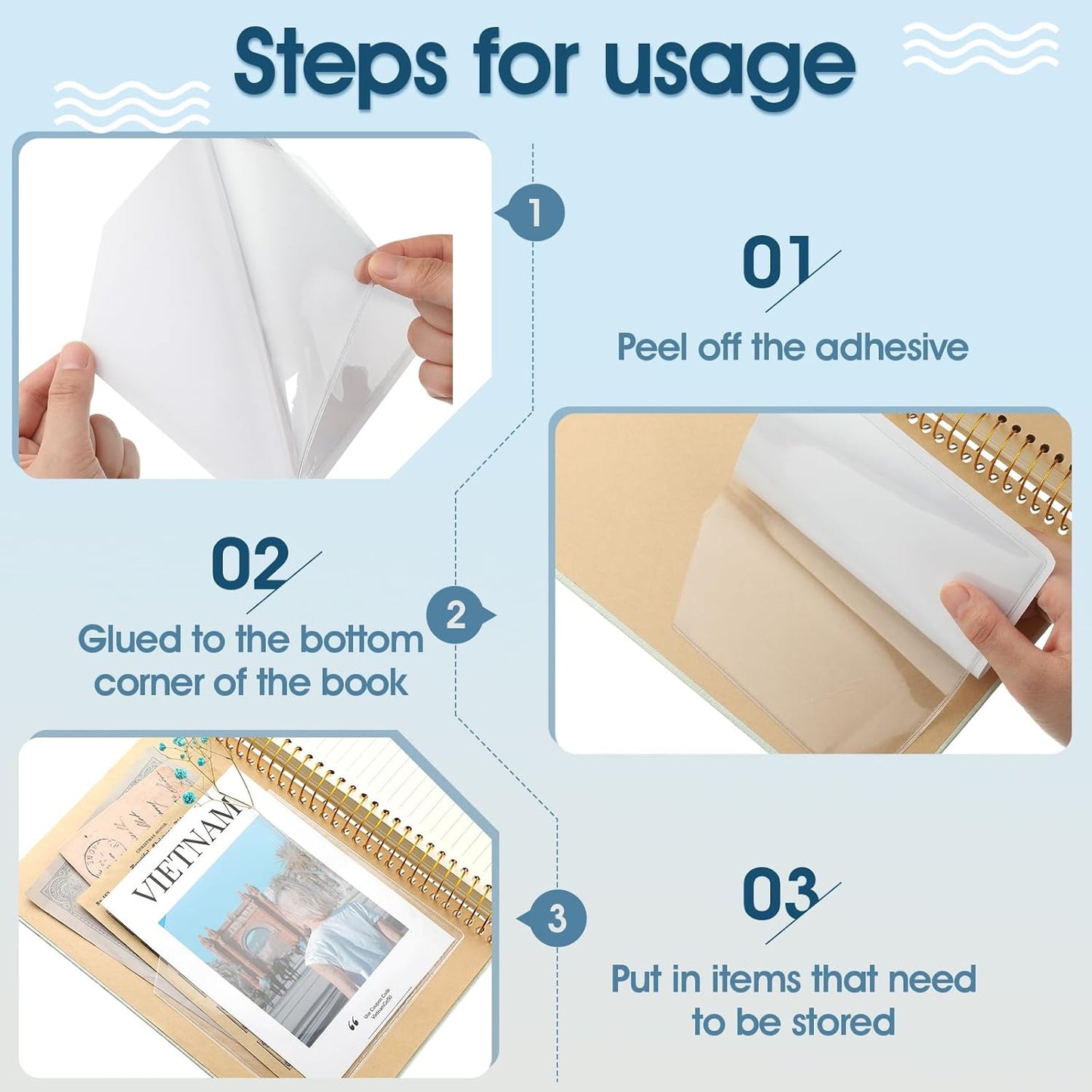 Junkin 20 Pcs Adhesive Pockets for Planners Index Card Pockets Planner Accessories Folder Self Sticky Clear Ideal Holder Top Open Add Storage Space to Notebooks Journal Office School Vinyl, 2 Styles