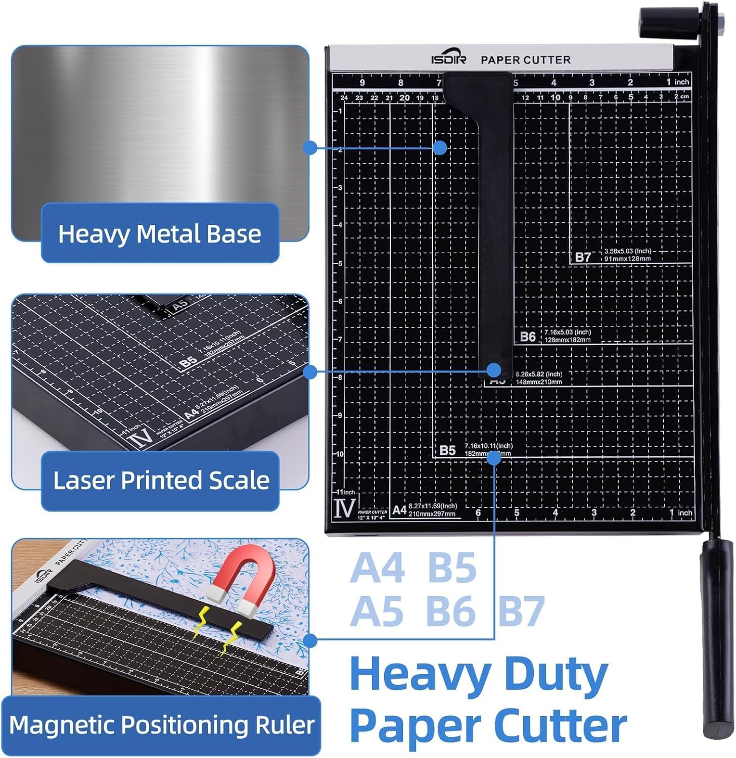 ISDIR 12-Inch Guillotine Paper Cutter, 12 Sheet Capacity, Blade Lock & Magnetic Guide, Heavy-Duty Metal Base for Precision Cutting of Cardstock, Photos, and Crafts - Ideal for Home & Office