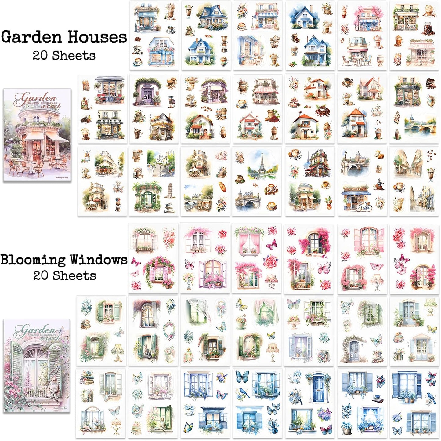 Knaid Scenery Sticker Set (490+ Pieces, 80 Sheets) 4 Pack Sticker Books Blooming Windows, Garden Houses, Enchanted Forest, Garden Fences Journaling Stickers for Scrapbook Bullet Junk Journals Planner