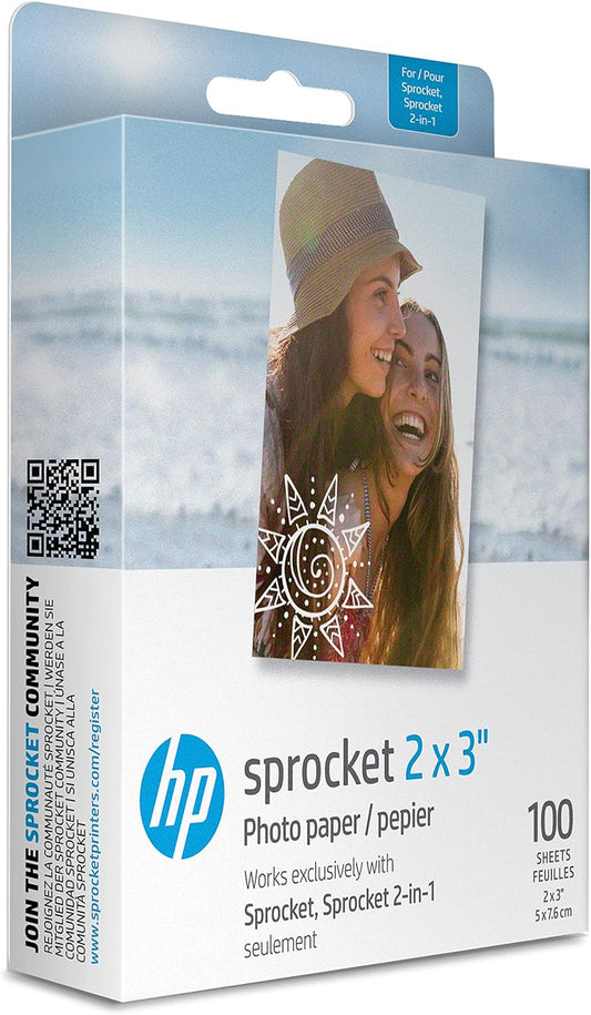 HP Sprocket 2x3" Premium Zink Sticky Back Photo Paper (100 Sheets) Compatible with HP Sprocket Photo Printers, Original Version.