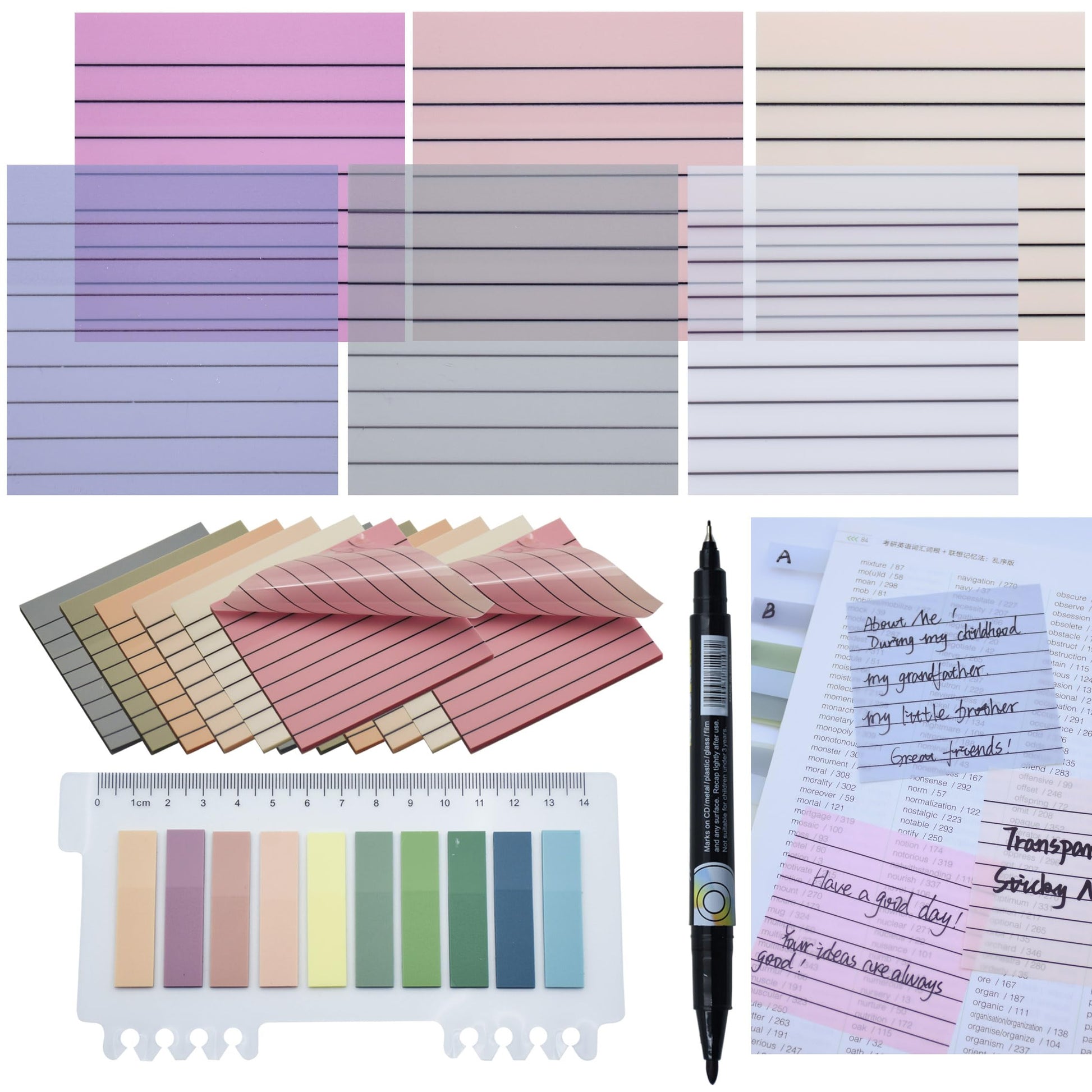 1600pcs Translucent Sticky Note Tabs, Morandi Page Markers for Annotating Books,Repositionable Book Flags Tabs Strip with Binders, Clear Sticky Notes,Page Tabs,Index Tabs