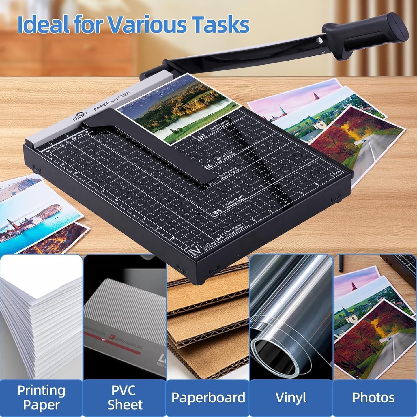 ISDIR 12-Inch Guillotine Paper Cutter, 12 Sheet Capacity, Blade Lock & Magnetic Guide, Heavy-Duty Metal Base for Precision Cutting of Cardstock, Photos, and Crafts - Ideal for Home & Office