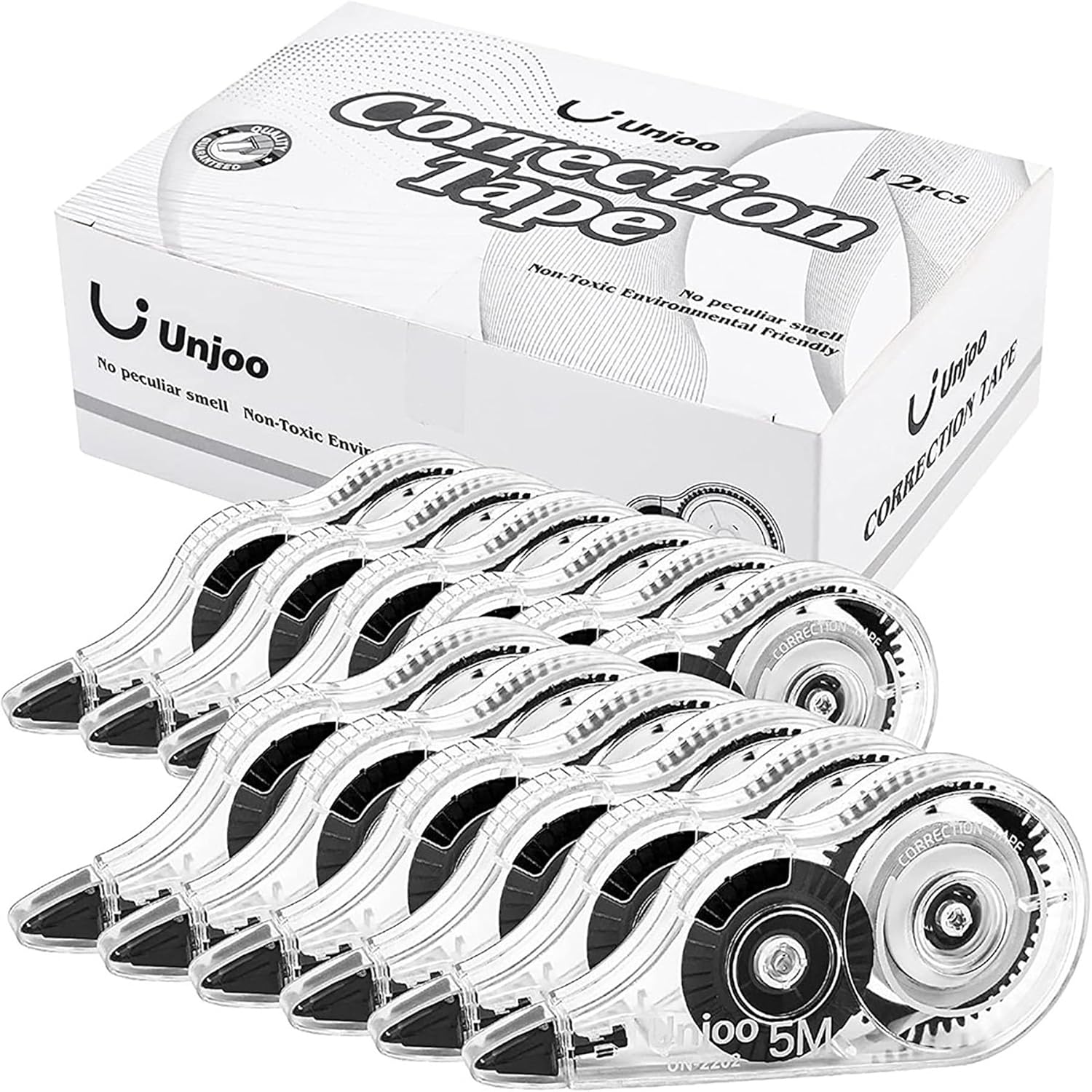 White Correction Tape, Easy To Use Applicator for Instant Corrections Wrong Writing At Any Time, For school, Office (12pack, 5M/196" x 0.2", Black)