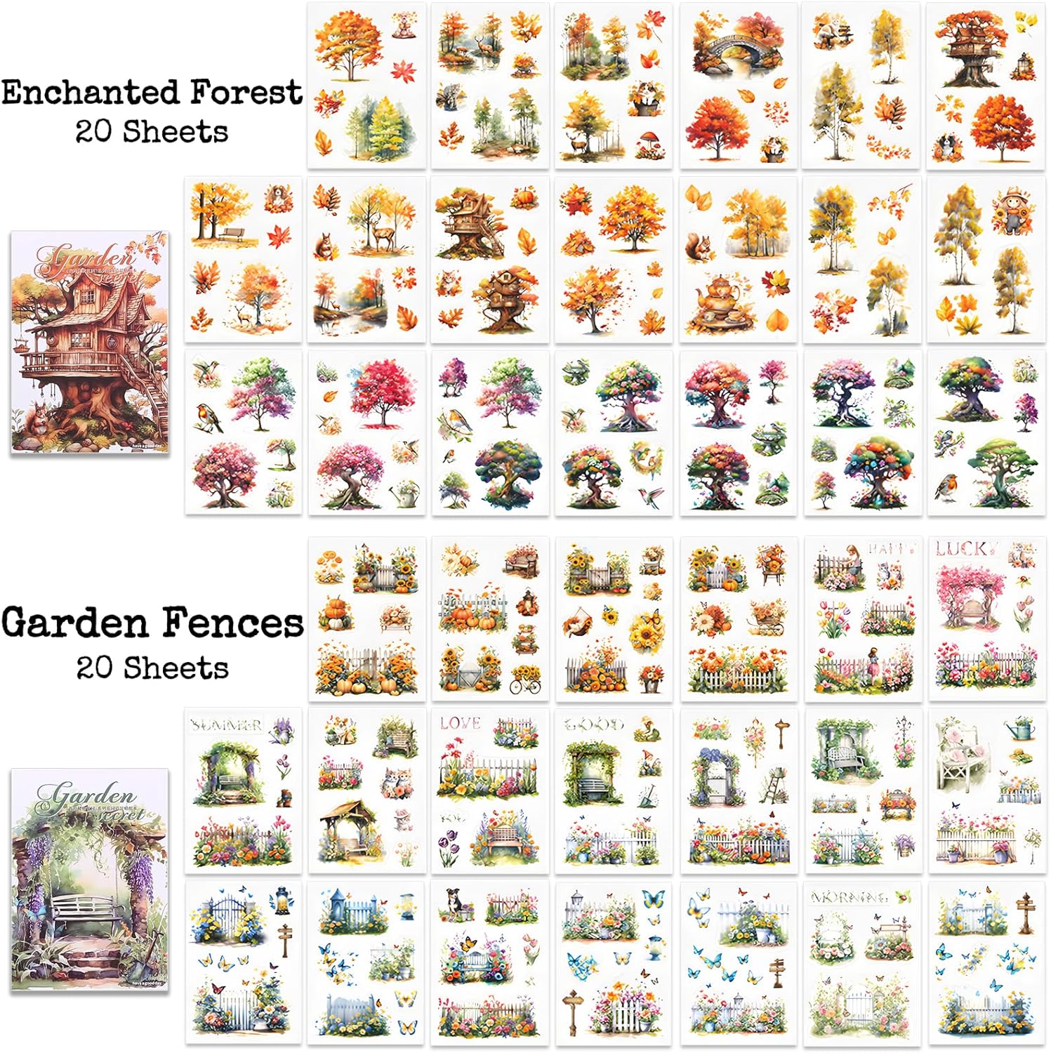 Knaid Scenery Sticker Set (490+ Pieces, 80 Sheets) 4 Pack Sticker Books Blooming Windows, Garden Houses, Enchanted Forest, Garden Fences Journaling Stickers for Scrapbook Bullet Junk Journals Planner